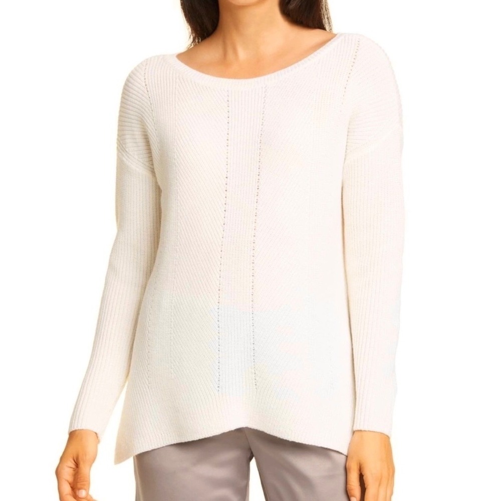 Eileen Fisher Womens Size L Extra Fine Merino Wool Sweater Cream Bateau Neck Rib